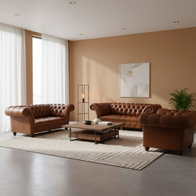 Modern Chesterfield leather sofas designer armchair two-seater 3-piece set