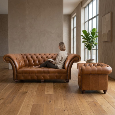 Luxurious brown leather sofa set designer seating furniture 3-seater couch