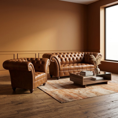 Luxurious brown leather sofa set designer seating furniture 3-seater couch