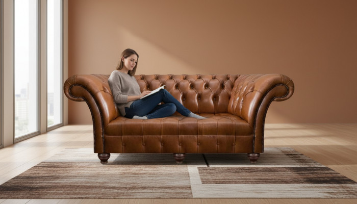 Brown Chesterfield Leather Three-Seater Living Room Modern Upholstered Couches