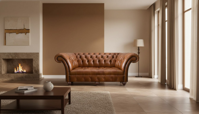 Brown Chesterfield Leather Three-Seater Living Room Modern Upholstered Couches