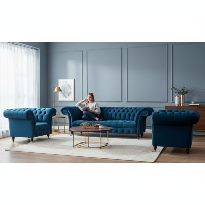 Chesterfield Blue Sofa Suite Modern Complete Living Room Sofa Set