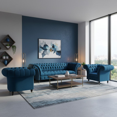 Chesterfield Blue Sofa Suite Modern Complete Living Room Sofa Set