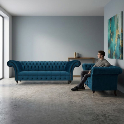 Luxurious Blue Chesterfield Textile Suite 3-Seater Sofa Two-Seater