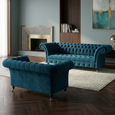Luxurious Blue Chesterfield Textile Suite 3-Seater Sofa Two-Seater