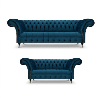 Luxurious Blue Chesterfield Textile Suite 3-Seater Sofa Two-Seater