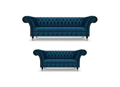 Luxurious Blue Chesterfield Textile Suite 3-Seater Sofa Two-Seater