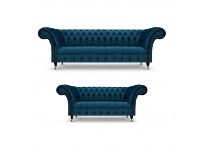 Luxurious Blue Chesterfield Textile Suite 3-Seater Sofa Two-Seater