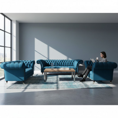 Luxurious Chesterfield Blue Upholstered Sofa Set Designer Textile Sofas Armchair