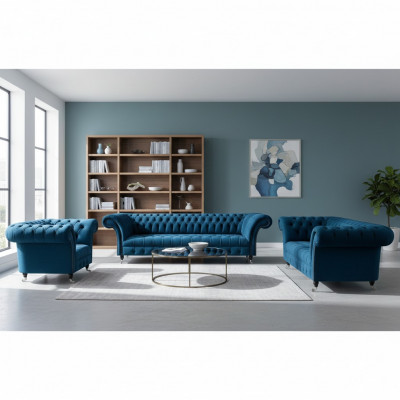 Luxurious Chesterfield Blue Upholstered Sofa Set Designer Textile Sofas Armchair