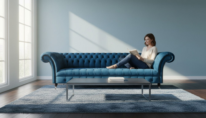 Luxurious Blue Chesterfield Sofa Upholstered Couch Designer Textile Sofa