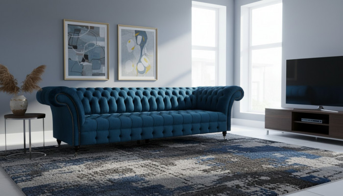 Luxurious Blue Chesterfield Sofa Upholstered Couch Designer Textile Sofa