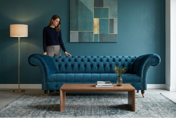 Luxury Blue Chesterfield Upholstered Fabric Sofa Living Room Furniture 3-Seater