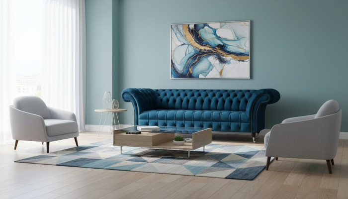 Luxury Blue Chesterfield Upholstered Fabric Sofa Living Room Furniture 3-Seater