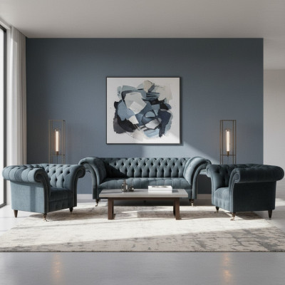 Stylish Chesterfield Sofa Set Designer Upholstered Sofas 2x Armchairs
