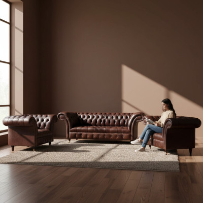 Luxury Brown Chesterfield Leather Furniture Designer Three-Seater 2x Armchairs 3-piece Set