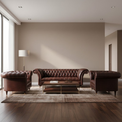 Luxury Brown Chesterfield Leather Furniture Designer Three-Seater 2x Armchairs 3-piece Set