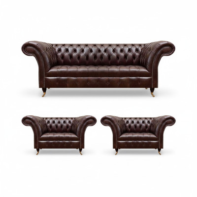 Luxury Brown Chesterfield Leather Furniture Designer Three-Seater 2x Armchairs 3-piece Set