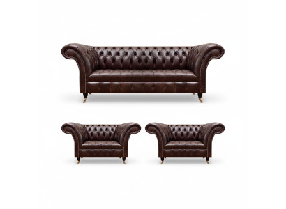Luxury Brown Chesterfield Leather Furniture Designer Three-Seater 2x Armchairs 3-piece Set