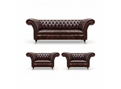 Luxury Brown Chesterfield Leather Furniture Designer Three-Seater 2x Armchairs 3-piece Set