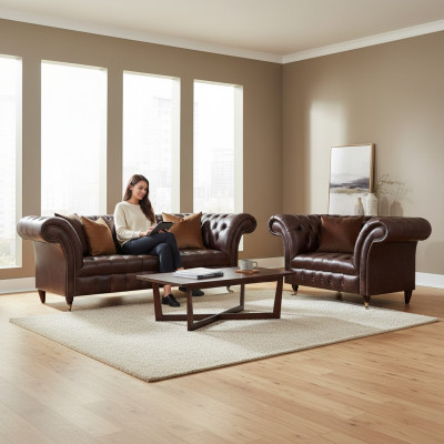 Luxurious Brown Chesterfield Leather Set Designer 3-Seater Armchair 2-piece
