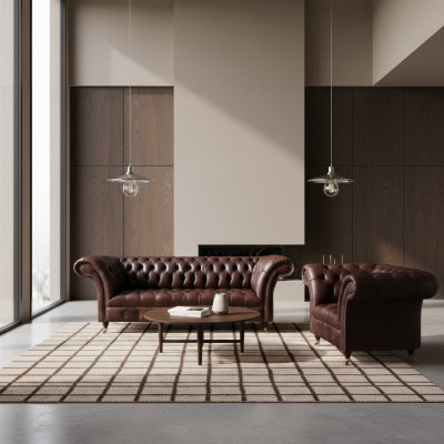 Luxurious Brown Chesterfield Leather Set Designer 3-Seater Armchair 2-piece