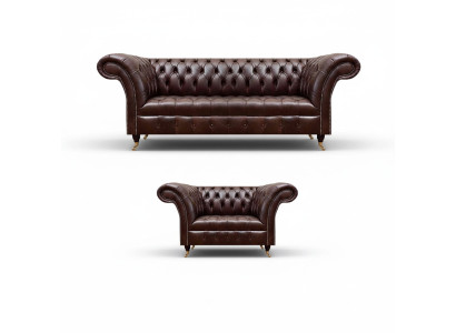 Luxurious Brown Chesterfield Leather Set Designer 3-Seater Armchair 2-piece
