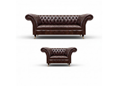 Luxurious Brown Chesterfield Leather Set Designer 3-Seater Armchair 2-piece