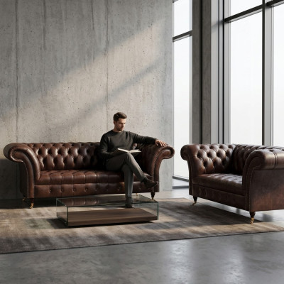 Send noble brown Chesterfield leather suite, 3-seater, 2-seater.