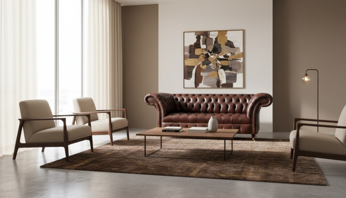 Brown Chesterfield Faux Leather Couch Designer Sofa Living Room Furniture