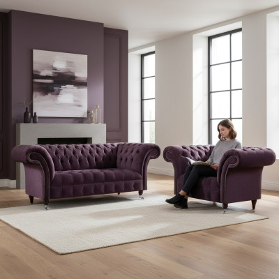 Complete Purple Chesterfield Sofa Set Textile 3-Seater 2-Seater 2 pcs