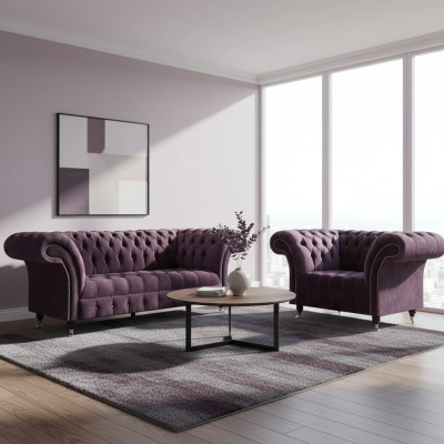 Complete Purple Chesterfield Sofa Set Textile 3-Seater 2-Seater 2 pcs