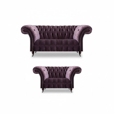 Complete Purple Chesterfield Sofa Set Textile 3-Seater 2-Seater 2 pcs