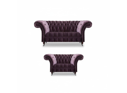 Complete Purple Chesterfield Sofa Set Textile 3-Seater 2-Seater 2 pcs