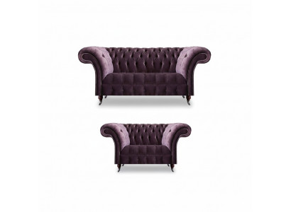 Complete Purple Chesterfield Sofa Set Textile 3-Seater 2-Seater 2 pcs