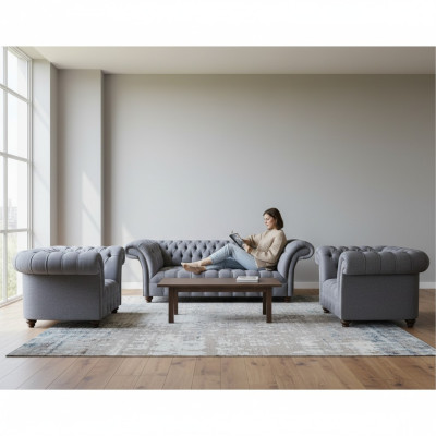 Chesterfield light gray sofa set noble upholstered three-seater 2x armchair