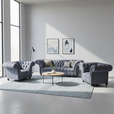 Chesterfield light gray sofa set noble upholstered three-seater 2x armchair
