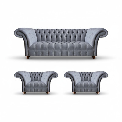 Chesterfield light gray sofa set noble upholstered three-seater 2x armchair