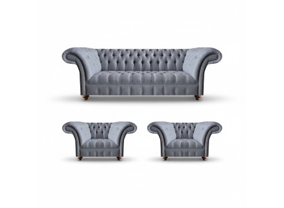 Chesterfield light gray sofa set noble upholstered three-seater 2x armchair