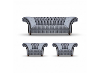Chesterfield light gray sofa set noble upholstered three-seater 2x armchair