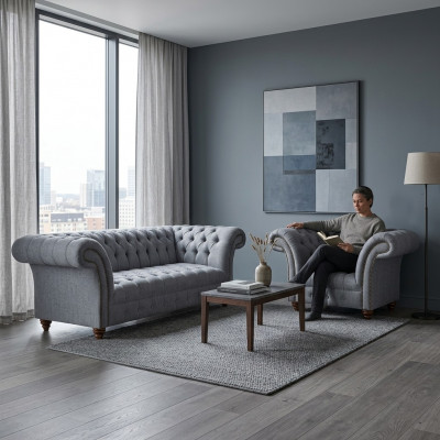 Chesterfield Designer Gray Upholstered Suite Modern Textile Sofas 2-piece