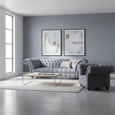 Chesterfield Designer Gray Upholstered Suite Modern Textile Sofas 2-piece