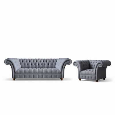 Chesterfield Designer Gray Upholstered Suite Modern Textile Sofas 2-piece