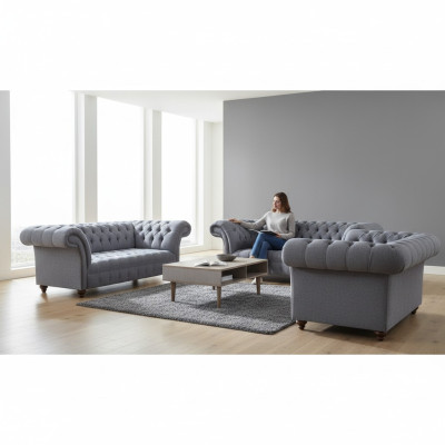 Light grey Chesterfield upholstery couches designer 3-seater 2-seater 2-piece set