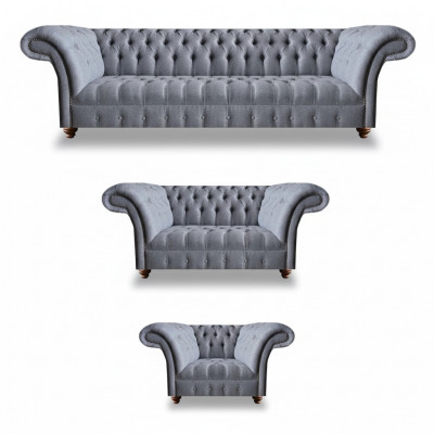 Light gray Chesterfield upholstered suite designer textile sofas armchair 3-piece set.