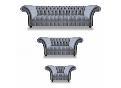 Light gray Chesterfield upholstered suite designer textile sofas armchair 3-piece set.