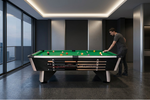 Black wooden billiard table with aluminum frame and LED lighting