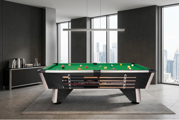 Black wooden billiard table with aluminum frame and LED lighting