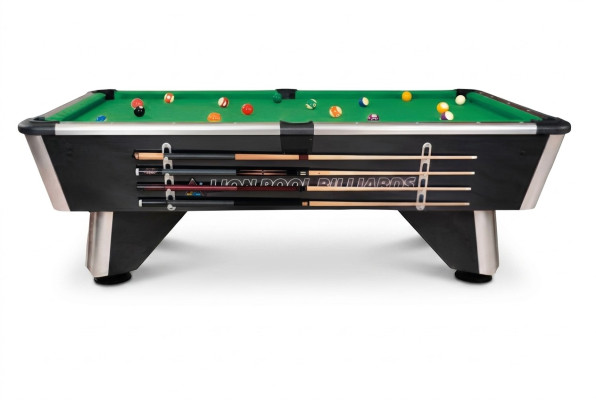 Black wooden billiard table with aluminum frame and LED lighting