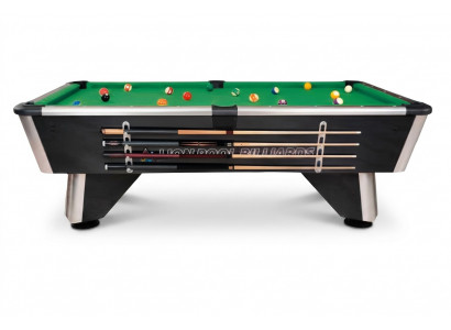 Black wooden billiard table with aluminum frame and LED lighting